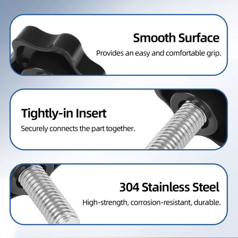 M6 Star Clamping Knob Set With Hex Nuts And Washers, Smooth Plastic Surface, Tightly-in Screw Insert, 304 Stainless Steel, Black Finish
