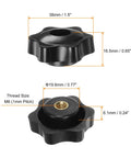 4 Pack Star Knobs With M6 Female Threads 38mm Head, black plastic clamping knobs with brass insert, measurements displayed, top and bottom views