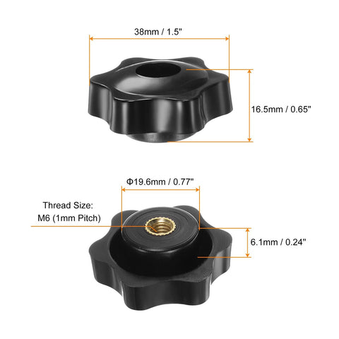 4 Pack Star Knobs With M6 Female Threads 38mm Head, black plastic clamping knobs with brass insert, measurements displayed, top and bottom views