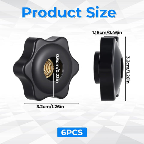 Six Pcs M6 Star Shaped Knobs With Hex Head Screw On Threaded Fasteners, black, dimensions labeled