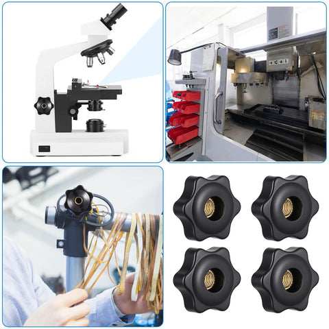 Six Pcs M6 Star Shaped Knobs with Hex Head Screw on threaded fasteners for mechanical equipment, shown installed and unused.