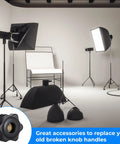 Photography studio setup with equipment and inset showing Six Pcs M6 Star Shaped Knobs With Hex Head Screw On Threaded Fasteners