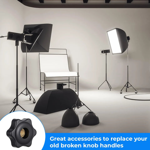 Photography studio setup with equipment and inset showing Six Pcs M6 Star Shaped Knobs With Hex Head Screw On Threaded Fasteners