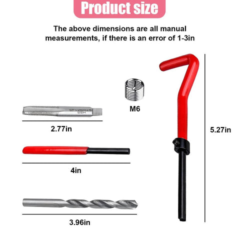 Image showing components of the M6 X 1.0mm Thread Repair Insert Kit with M6 coil, tap, wrench, drill bit, and measurement details.