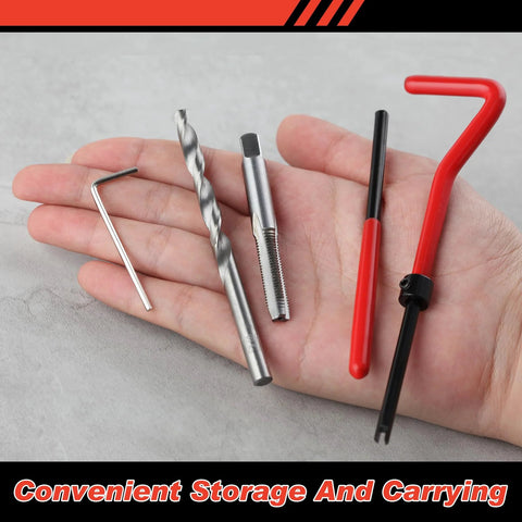 M6 Thread Repair Kit With Helicoil Inserts And HSS Drill Taps For Auto Repair Rethreading Bolts displayed on palm