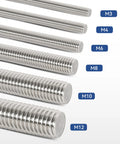 Stainless steel threaded rods with labels for M3, M4, M6, M8, M10, and M12 sizes, showcasing Heavy Duty 12 Piece M6 Fully Threaded Rod Set In 304 Stainless Steel 26mm 1 Inch Long Right Hand Threads With 24 Hex Nuts Rust Proof And High Strength For DIY Projects Machinery And Metal Fabrication.