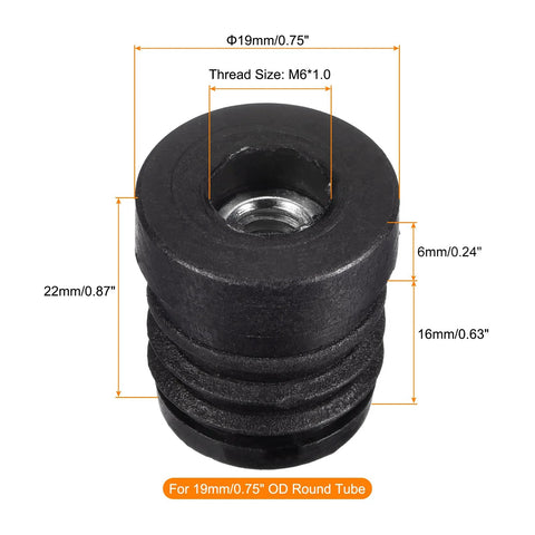 8 Piece Set Round Tube Inserts With M6 Thread For 19mm Diameter Round Tubes Black Plastic Plug Caster End Caps