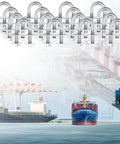 Complete 16-piece U-bolt kit with M6 zinc plated round bends, plates, nuts and washers, shown over a shipping port background
