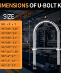 Diagram showing M6 U-bolts with dimensions for trailers and boats, 4-set kit with frame plates, nuts, washers, zinc-plated steel clamps.