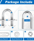 Complete 16-piece U-bolt kit with M6 zinc plated round bends, plates, nuts and washers shown in package contents.