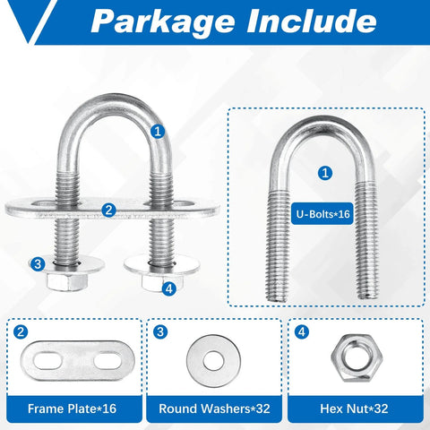 Complete 16-piece U-bolt kit with M6 zinc plated round bends, plates, nuts and washers shown in package contents.