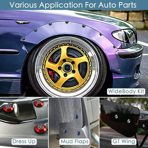 Car with widebody fender flares using 48 Piece M6 Widebody Fender Flare Hardware Kit with 18mm tapered washers, gold finish.