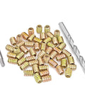 80 Piece M6 Wood Nut Inserts Set With Flush Surface Install Hex Socket Drive M6x15mm Includes 9mm White Steel Drill Bit And Matching Drive Tool For Woodworking Projects Metal Headless Threaded Fasteners For Furniture DIY PGMJ, drill bit, and drive tool.