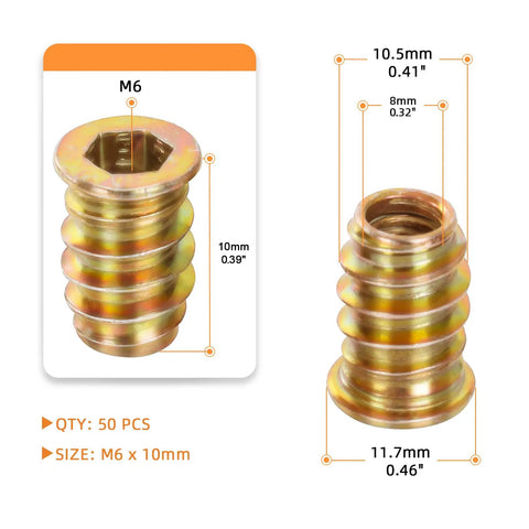 Close-up of M6 Wood Threaded Inserts Kit 10mm Length Zinc Plated Carbon Steel showing dimensions and details.