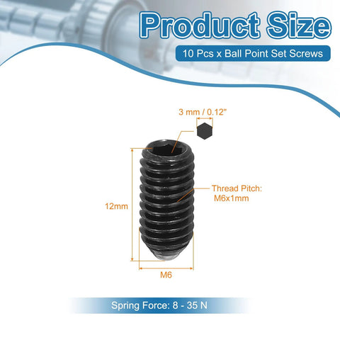 M6x12mm Ball Point Set Screws 10 Pcs Carbon Steel Hex Socket Spring Plungers for industrial machines and home improvement