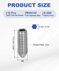 Product size chart of M6x16mm Ball Point Set Screws 10 Pcs 304 Stainless Steel Hex Socket Spring Ball Point Grub Screws