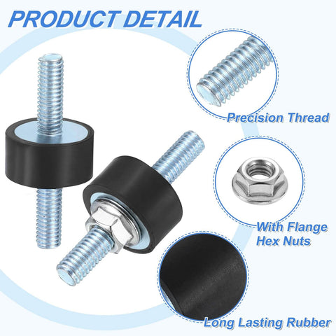 Built Tough M6 X 18mm Rubber Mounts With 10 X 20mm Cylindrical Anti Vibration Isolators, 45mm Overall Length, Double Studs With Nuts