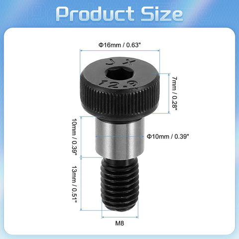 Shoulder bolt set, 12 pcs, alloy steel, M8 thread, 10mm shoulder diameter, knurled head with hex socket