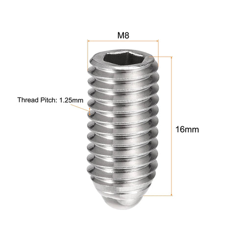 Ball Point Set Screws M8 X 16mm 304 Stainless Steel Corrosion Resistant Hex Socket Ball Plunger side view