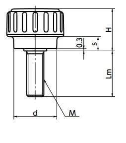 Technical diagram of ✝️ M8 20mm Long Screw - 32mm Black Plastic Dimple Knob - Made in Japan for smooth motion and stable alignment, 1-pack.