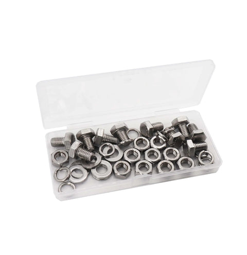 Open storage box with M8 20mm Hex Bolts and Nuts Kit 304 Stainless Steel 10 Pack With Flat Washers and Spring Lock Washers