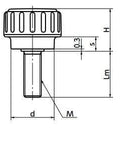 Technical diagram of ✝️ M8 20mm Length - Stainless Steel Screw - 32mm Black Plastic Dimple Knob - Made in Japan, side view with measurements.