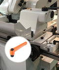 Set of 3 M8 Adjustable Clamping Lever Push Button Ratchet Handles with Female Threaded Studs shown on machinery setup.
