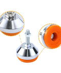 M8 thread adjustable leg levelers with a 2 inch leveling screw and 600 lb capacity, orange anti-skid rubber base in close-up