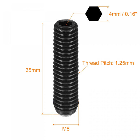 Ball Point Set Screws M8 X 35mm High Carbon Steel, side view showing hex socket and dimensions, precision locking, compact installation.