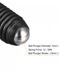 Close-up of Ball Point Set Screws M8 x 35mm high carbon steel with ball plunger and hex socket, showing spring force and stroke details.