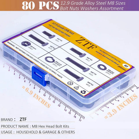 M8 X 1.25 Bolt And Nut Set 80Pcs With Flat And Lock Washers, 30 to 70mm Hex Head, 12.9 Grade Black Alloy Steel in plastic case