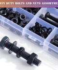 M8 X 1.25 Bolt And Nut Set 80Pcs With Flat And Lock Washers, black alloy steel, hex head, displayed in organized storage box.