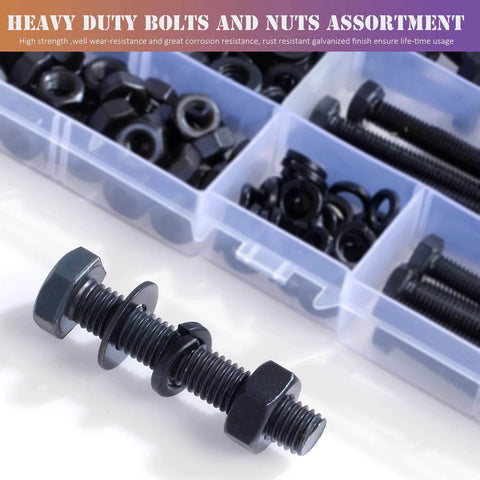 M8 X 1.25 Bolt And Nut Set 80Pcs With Flat And Lock Washers, black alloy steel, hex head, displayed in organized storage box.