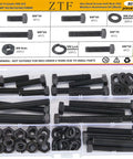 M8 X 1.25 Bolt And Nut Set 80Pcs With Flat And Lock Washers, organized in plastic case, black alloy steel, various sizes displayed