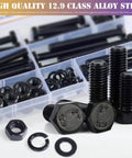 M8 X 1.25 Bolt And Nut Set 80Pcs With Flat And Lock Washers, 30 to 70mm Hex Head, 12.9 Grade Black Alloy Steel in storage box