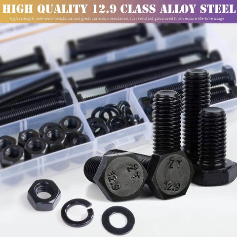 M8 X 1.25 Bolt And Nut Set 80Pcs With Flat And Lock Washers, 30 to 70mm Hex Head, 12.9 Grade Black Alloy Steel in storage box