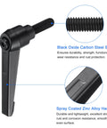 Image of a black oxide carbon steel M8 x 20mm clamping lever handle with quick release and zinc alloy handle, close-up details shown.