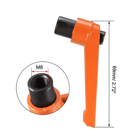 Set of 3 M8 Adjustable Clamping Lever Push Button Ratchet Handles with Female Threaded Studs, orange, close-up view with dimensions