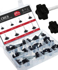 M8 Clamping Screw Knob Set With 27 Thread Star Knobs in a clear box, plastic hex-shaped clamping handles, carbon steel studs