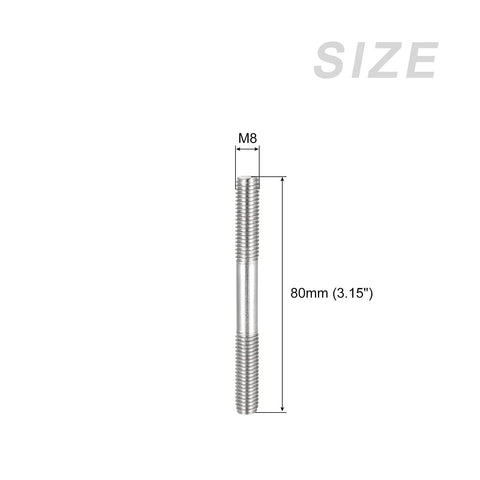 Diagram of M8 Double Ended Stud Screws 80mm 5pcs 304 Stainless Steel For Home Maintenance showing size and threading