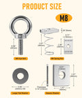 Heavy Duty Strut Channel Nut And Eye Bolt Set With Stainless Steel Eye Bolts M8 And M10 Zinc Plated Spring Nuts And Long Spring For Unistrut T Slot Channel Pack Of 4 product sizes and components including M8 eye bolt, spring nut, flat washer, and square washer, with dimensions.