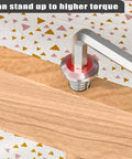 Close-up of stainless steel M8 flat-head hex socket cap screw installed in wood, full-thread