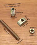 Four In One M8 Panel Furniture Connectors Kit Six Pieces For Wardrobe Table And Bed Assembly With 100 Mm Bolts Nuts And Half Moon Spacers Heavy Duty Iron Alloy Hardware For Easy Install And Strong Long Lasting Joints, showing bolts, nuts, and spacers.