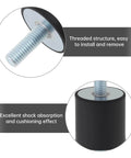 Close-up of M8 rubber isolator mount, threaded structure and shock absorption feature, used to cut vibration and noise from air compressors, pumps, motors, and generators with a durable 4 pack M8 rubber isolator mounts, 30x30mm, double-ended studs, delivering steady damping and longer equipment life.