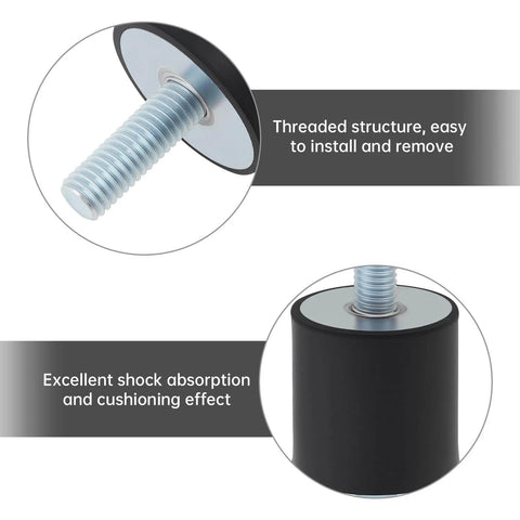 Close-up of M8 rubber isolator mount, threaded structure and shock absorption feature, used to cut vibration and noise from air compressors, pumps, motors, and generators with a durable 4 pack M8 rubber isolator mounts, 30x30mm, double-ended studs, delivering steady damping and longer equipment life.