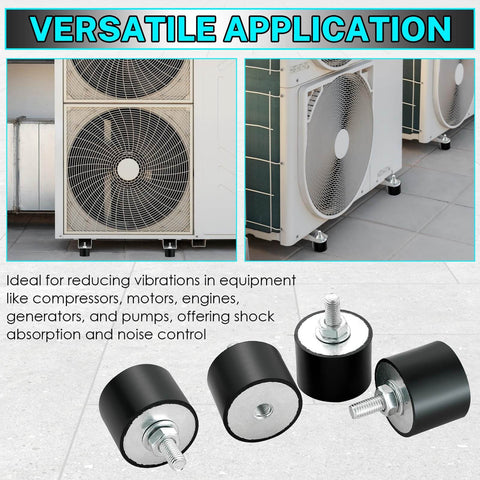4 Pack M8 Rubber Isolator Mounts 40x30mm Anti Vibration Shock Absorbers With Studs And Nuts shown near air compressors