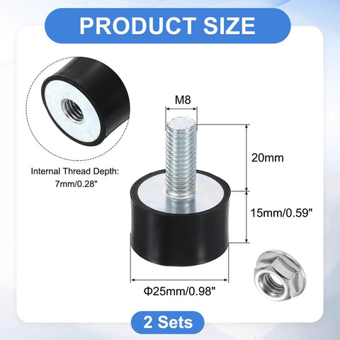 Absorb shocks and reduce vibration with 24x15mm M8 rubber mounts, 2-pack anti vibration isolator set, product size and dimensions