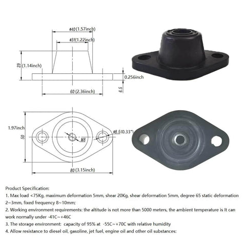 Dampen vibration and noise with this four piece M8 rubber in turret mounts set, featuring natural rubber with integral steel base and upper fixing boss, delivering oil and chemical resistance and high temperature stability for pumps and compressors.
