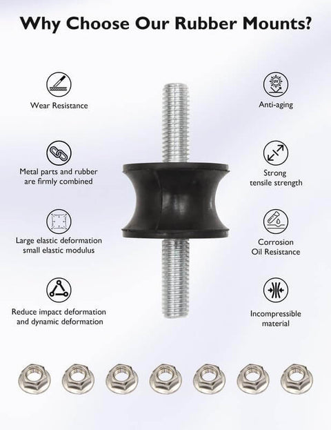 Efficient M8 vibration isolation mounts with rubber waisted design, hex lock nuts, durability features, anti-aging properties
