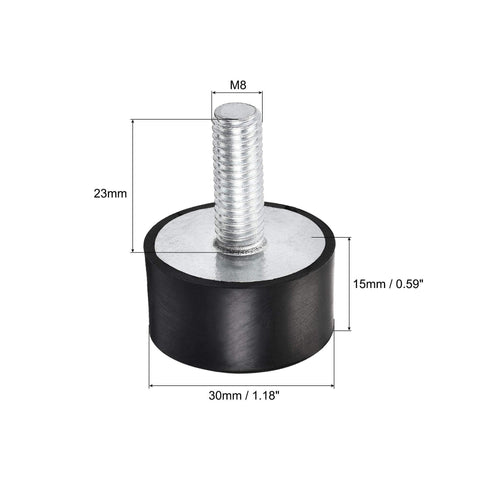 Four M8 rubber vibration mounts absorb shock and reduce machine vibration for garage motors, air compressors, 30x15mm size shown